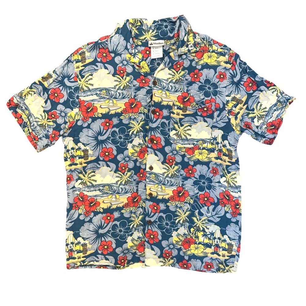 Disney Parks Aloha Hawaiian Shirt Medium Mickey Surfboard Tiki Surf Donald Pluto
